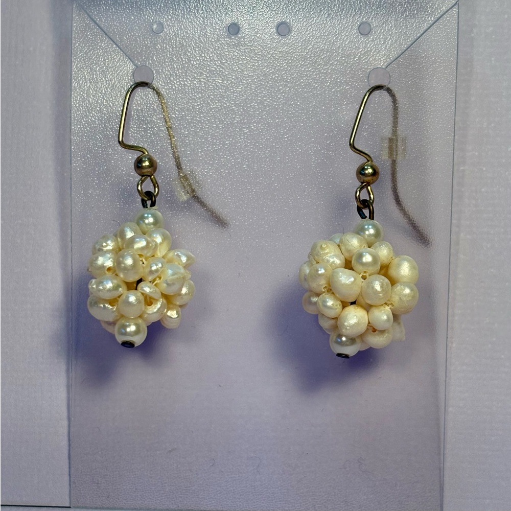 Handcrafted Earrings Pierced Unique Design Creamy White Seed Pearl Ball Nice!